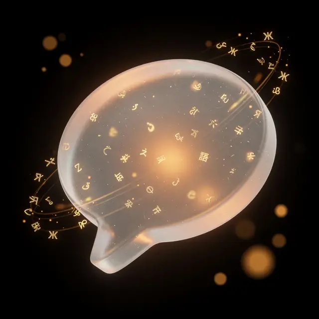 A glass speech bubble filled with glowing letters from many scripts