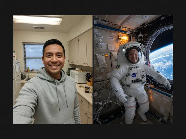 A kitchen selfie beside the same man edited into a spacesuit aboard a space station