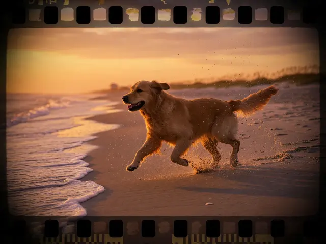 A film-strip frame of a golden retriever running along a beach at sunset