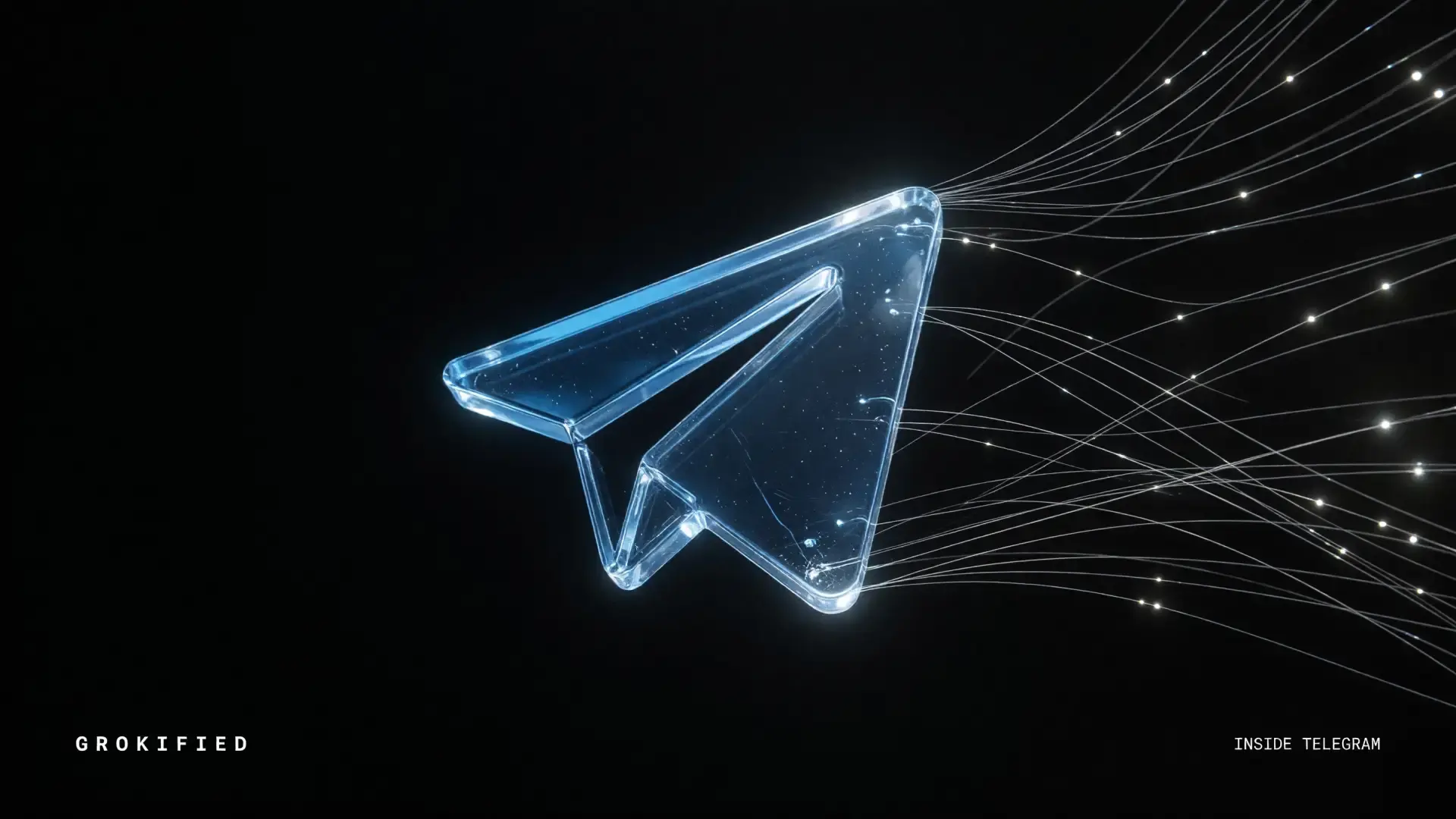 Glass Telegram mark with light threads. Grokified inside Telegram.