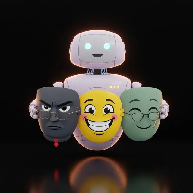 A robot holding three different face masks: stern, playful, and calm