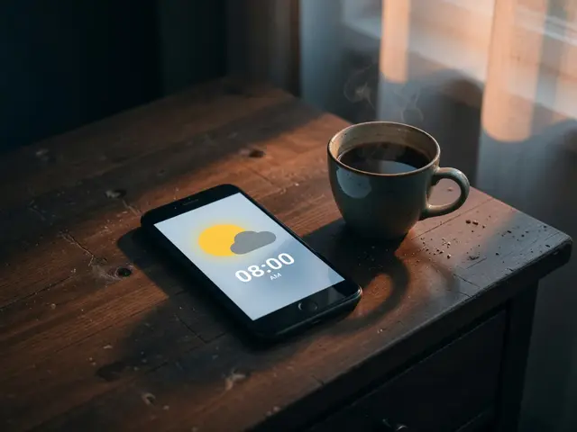 A phone on a nightstand at dawn showing a weather widget and the time 08:00