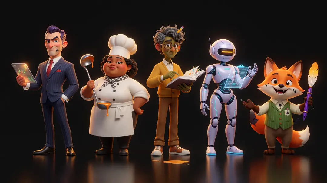 Five AI agent characters in a row: a trader, a chef, a tutor, a robot, and a fox writer
