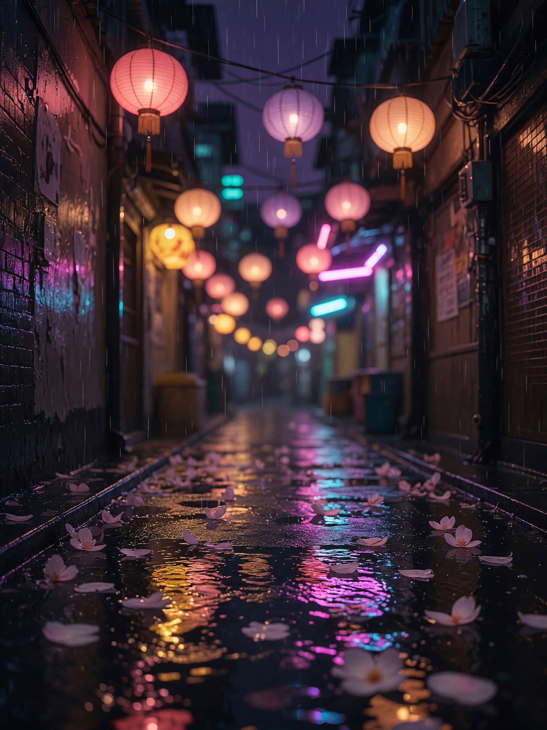 Anime-style render: a rainy lantern-lit alley with cherry blossom petals